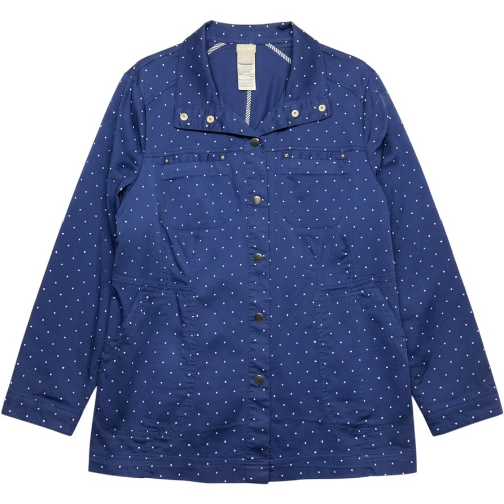 Chicos Polka Dot Utility Shirt Jacket Blue Snap Front 2 12 Mock Neck Lightweight